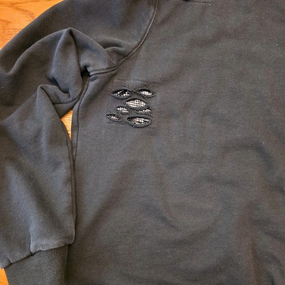 La La Anthony M Hoodie Distressed Black With Sequins Pullover Shoulder Cutout - Picture 10 of 16